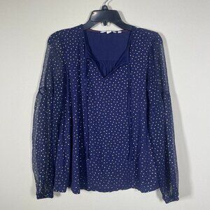 Boden Women's Long Sheer Sleeve Navy Gold Polka Dot Top Blouse 2
